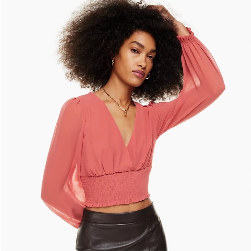 Aritzia Wilfred Wistful Blouse Candy Drop Smocked V-Neck Romantic Ruffle Medium